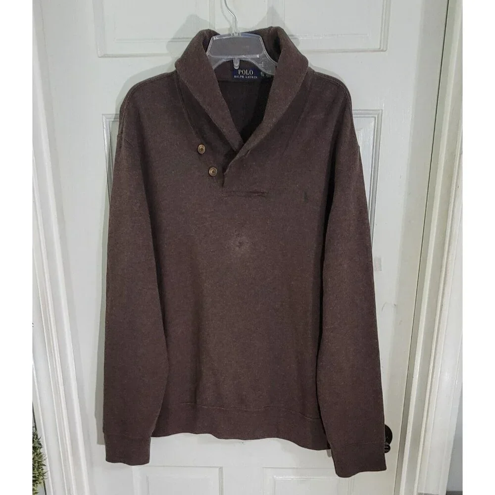 Polo Ralph Lauren Mens Brown Shawl Neck Sweater Elbow Patch Long Sleeve Size‎ XL